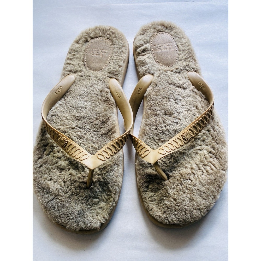 UGG Thong Sandals Brown With Fur‎ Women's Sz 10 Flats Casual